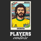 Socrates World Cup Sticker Men's T-Shirt – black close-up detail shot of the Socrates World Cup Players Couture logo design