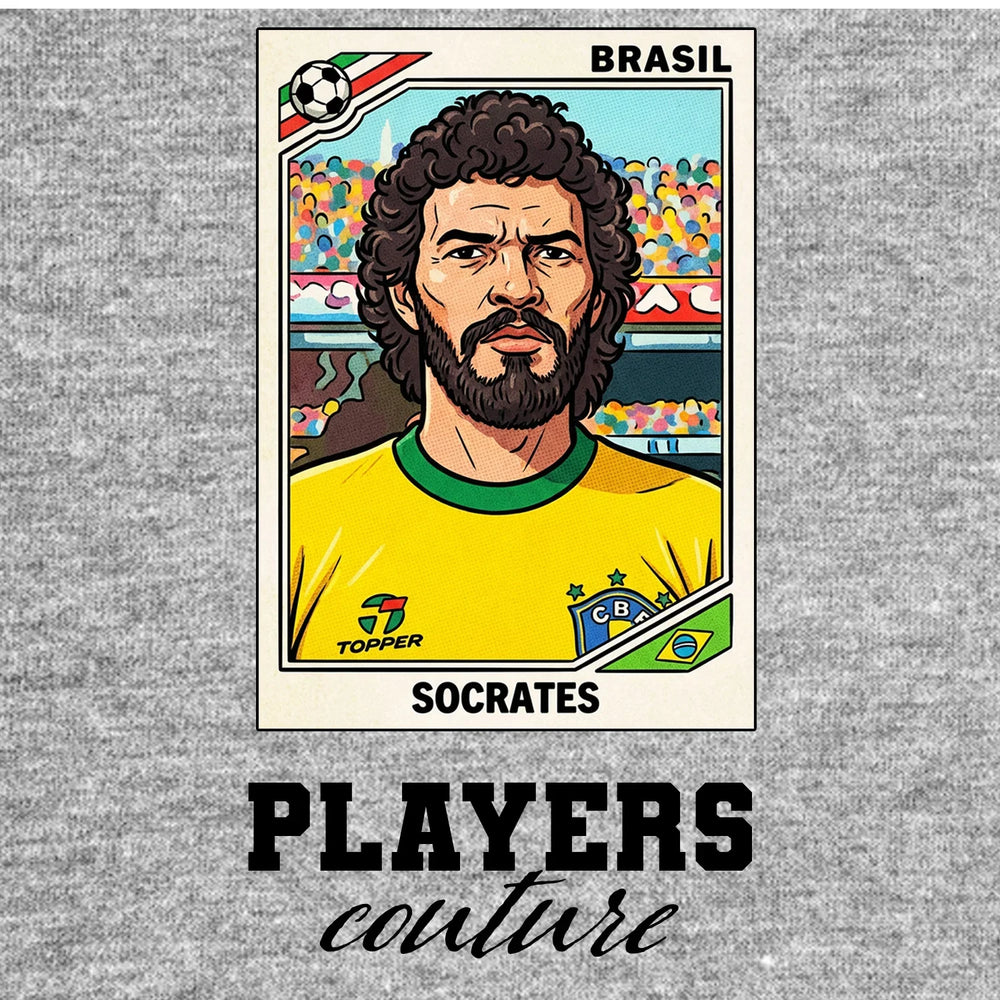 Socrates World Cup Sticker Men's T-Shirt – grey close-up detail shot of the Socrates World Cup Players Couture logo design
