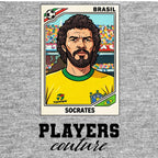 Socrates World Cup Sticker Men's T-Shirt – grey close-up detail shot of the Socrates World Cup Players Couture logo design