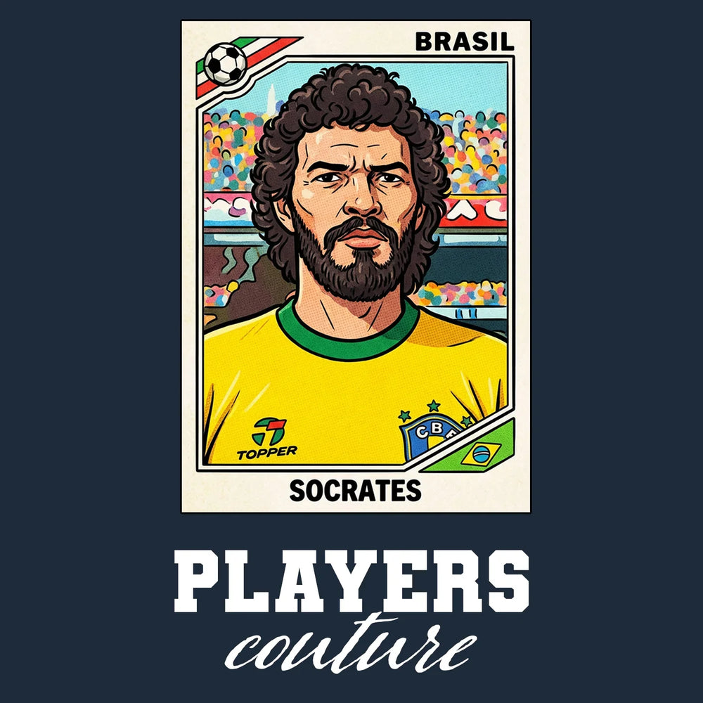 Socrates World Cup Sticker Men's T-Shirt – navy close-up detail shot of the Socrates World Cup Players Couture logo design