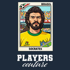 Socrates World Cup Sticker Men's T-Shirt – navy close-up detail shot of the Socrates World Cup Players Couture logo design