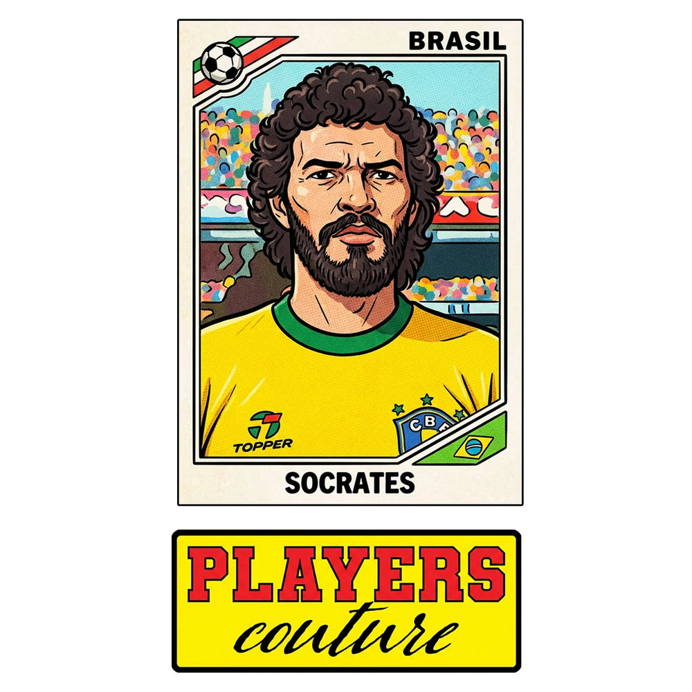 Socrates World Cup Sticker Men's T-Shirt – close-up detail shot of the Socrates World Cup Players Couture logo design