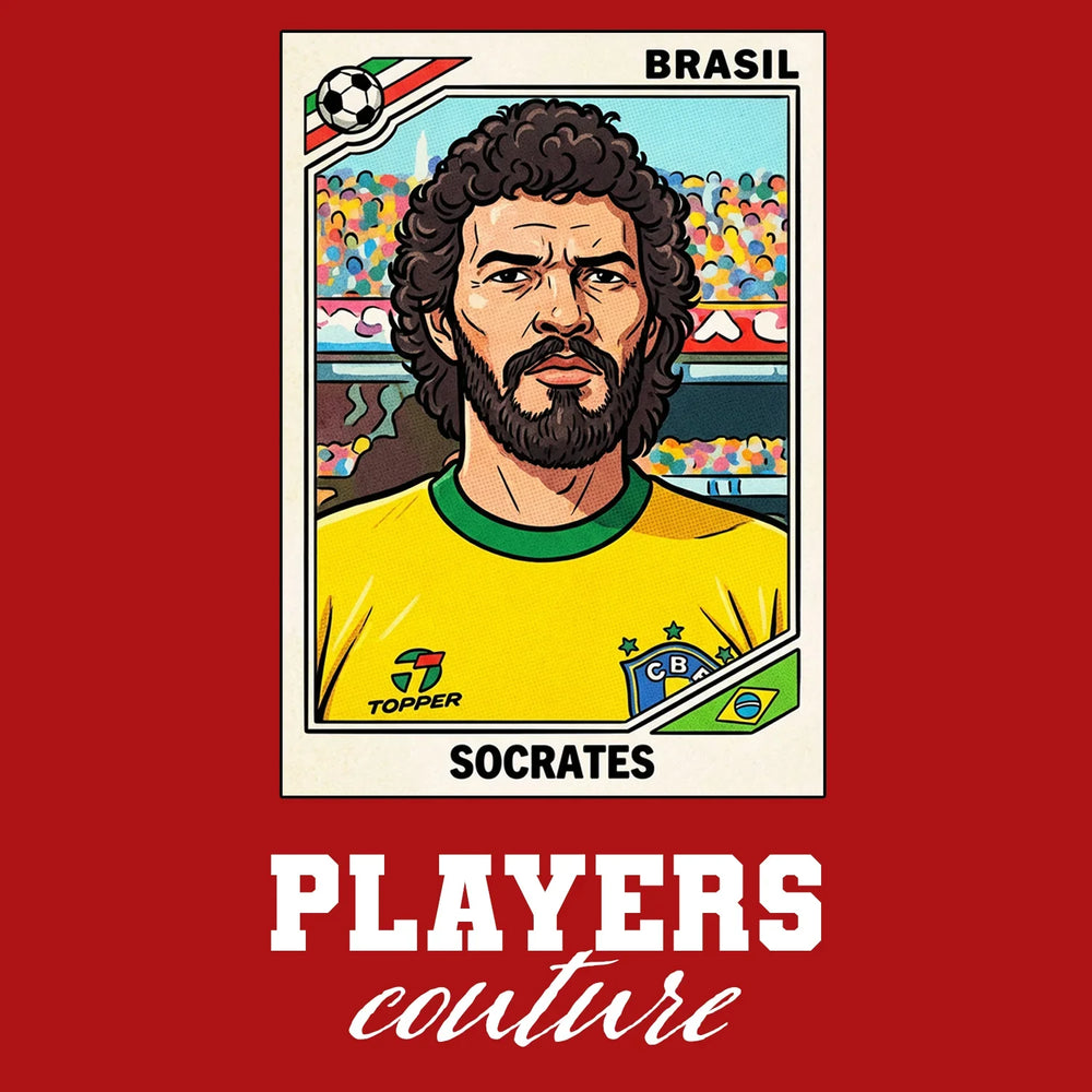 Socrates World Cup Sticker Men's T-Shirt – red close-up detail shot of the Socrates World Cup Players Couture logo design
