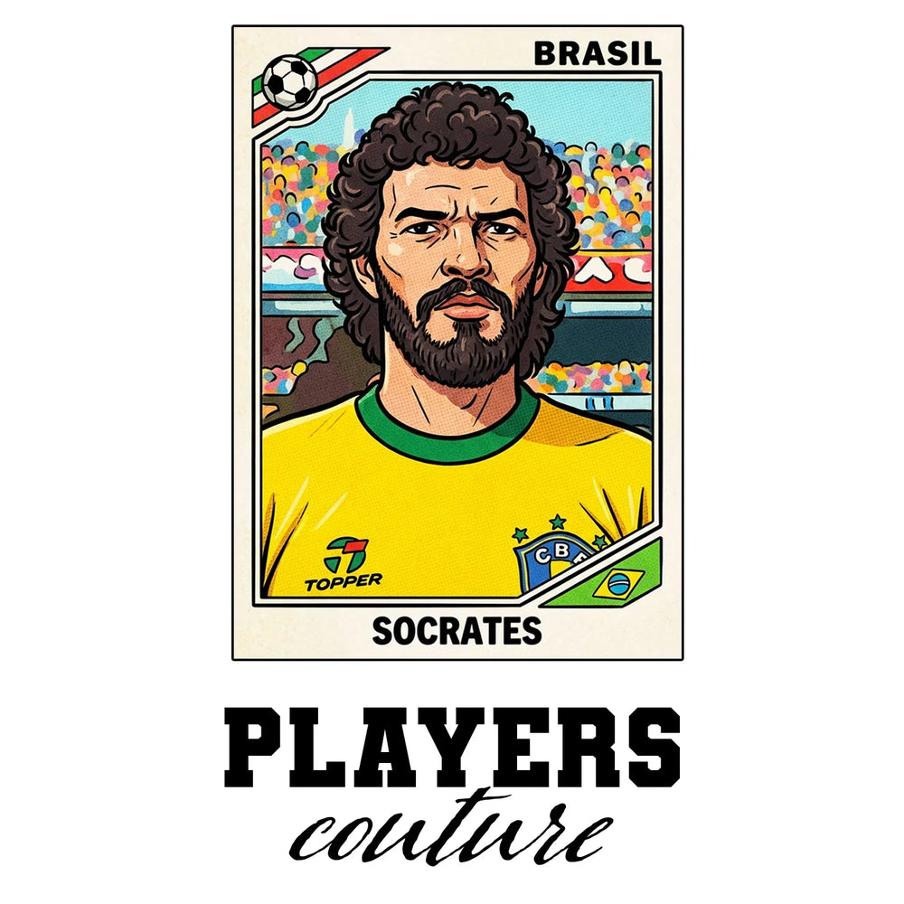 Socrates World Cup Sticker Men's T-Shirt – white close-up detail shot of the Socrates Players Couture logo design