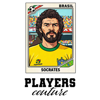 Socrates World Cup Sticker Men's T-Shirt – white close-up detail shot of the Socrates Players Couture logo design