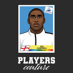 Sol Campbell World Cup Sticker Men's T-Shirt – black close-up detail shot of the Sol Campbell World Cup Players Couture logo