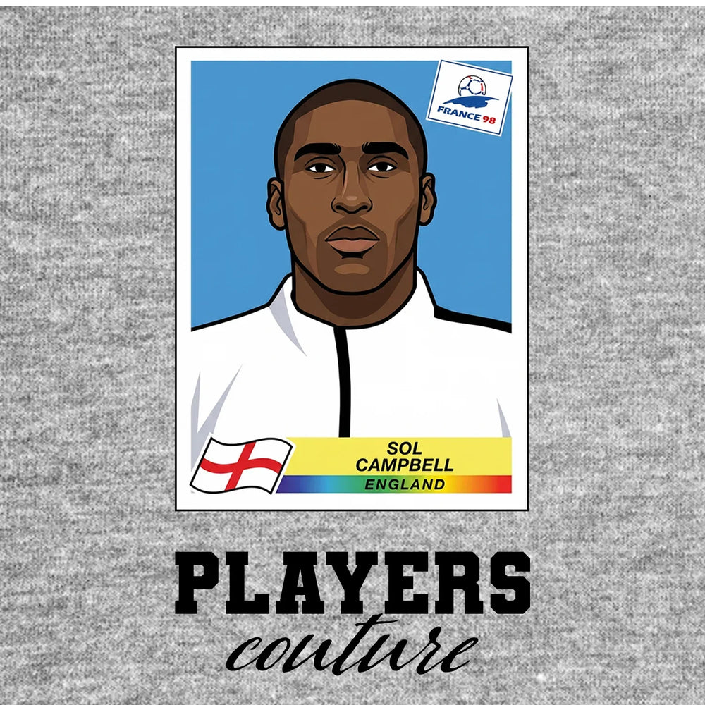 Sol Campbell World Cup Sticker Men's T-Shirt – grey close-up detail shot of the Sol Campbell World Cup Players Couture logo