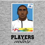 Sol Campbell World Cup Sticker Men's T-Shirt – grey close-up detail shot of the Sol Campbell World Cup Players Couture logo