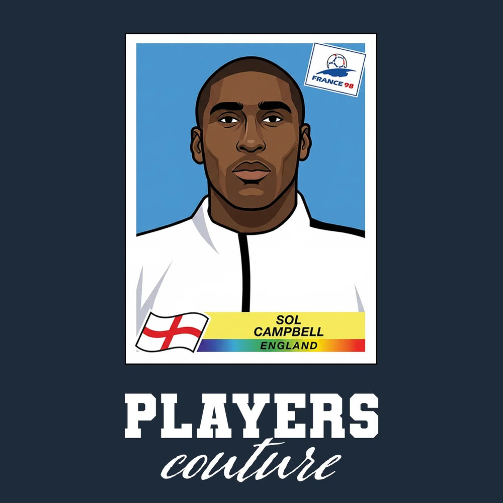 Sol Campbell World Cup Sticker Men's T-Shirt – navy close-up detail shot of the Sol Campbell World Cup Players Couture logo