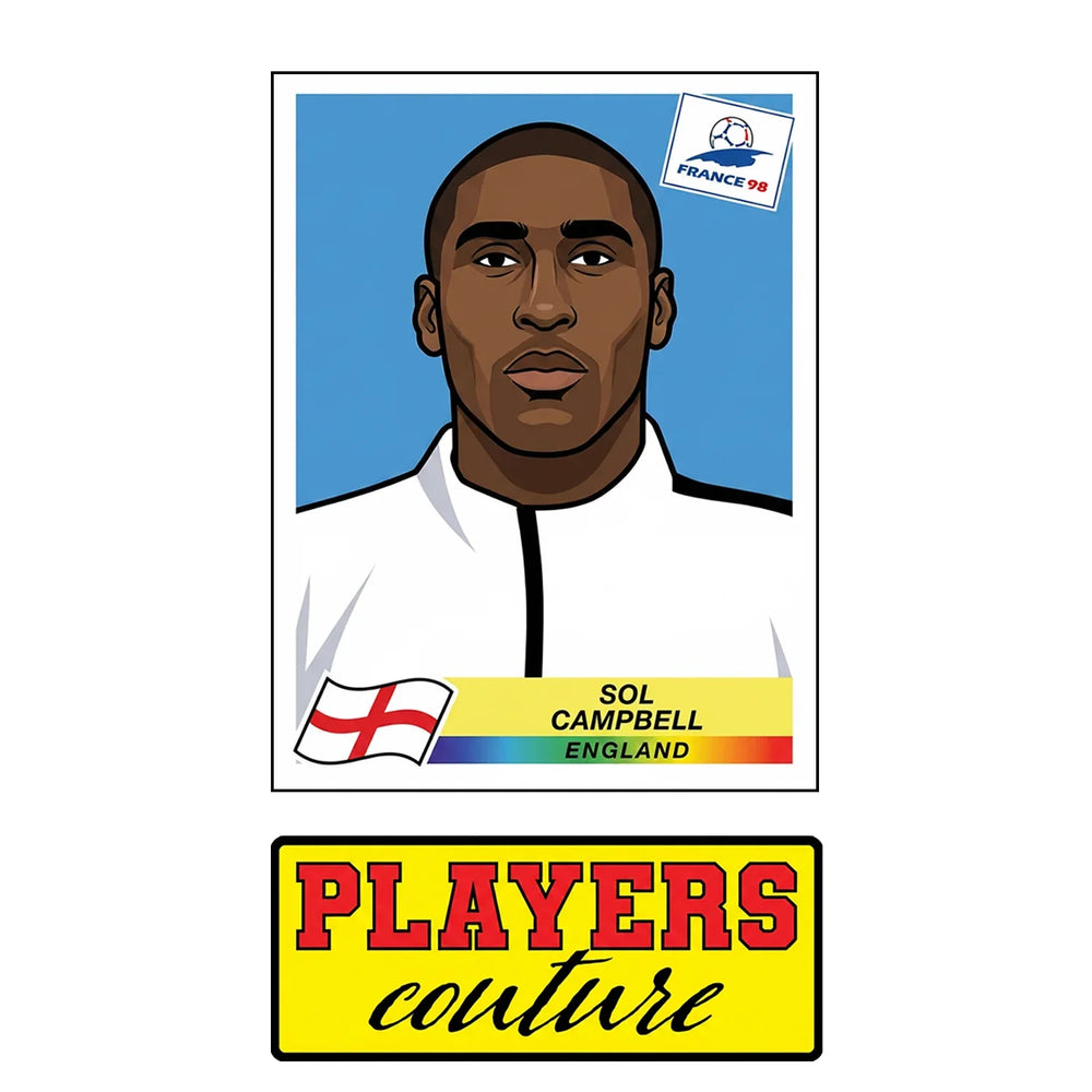 Sol Campbell World Cup Sticker Men's T-Shirt – close-up detail shot of the Sol Campbell World Cup Players Couture logo design