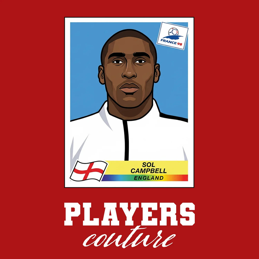 Sol Campbell World Cup Sticker Men's T-Shirt – red close-up detail shot of the Sol Campbell World Cup Players Couture logo