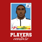 Sol Campbell World Cup Sticker Men's T-Shirt – red close-up detail shot of the Sol Campbell World Cup Players Couture logo