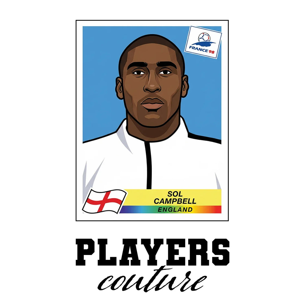 Sol Campbell World Cup Sticker Men's T-Shirt – white close-up detail shot of the Sol Campbell Players Couture logo design