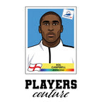 Sol Campbell World Cup Sticker Men's T-Shirt – white close-up detail shot of the Sol Campbell Players Couture logo design