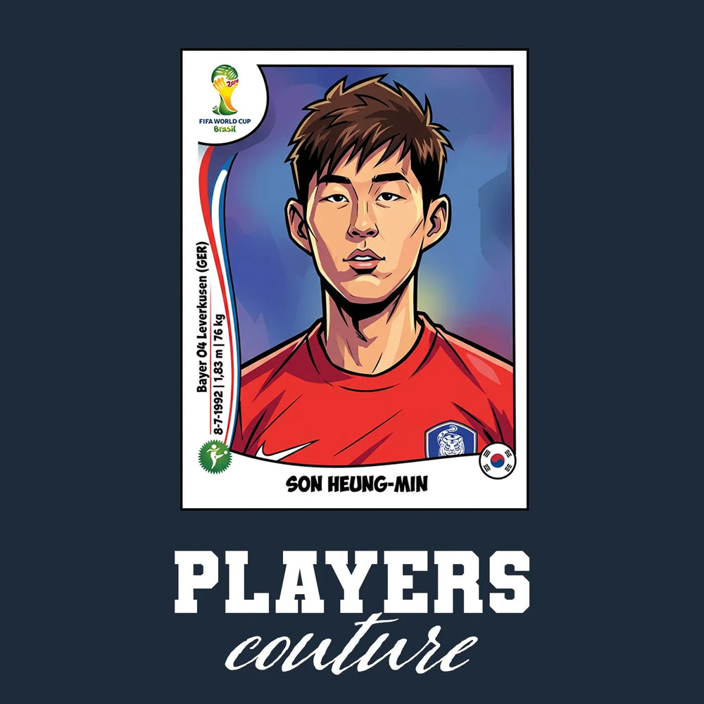 Son Heung Min World Cup Sticker Men's T-Shirt – navy close-up detail shot of the Son Heung Min World Cup Players Couture