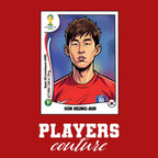 Son Heung Min World Cup Sticker Men's T-Shirt – red close-up detail shot of the Son Heung Min World Cup Players Couture logo