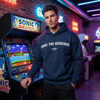 Sonic the Hedgehog hoodie – navy men's hoodie with white Sonic the Hedgehog letters and Players Couture logo on the chest