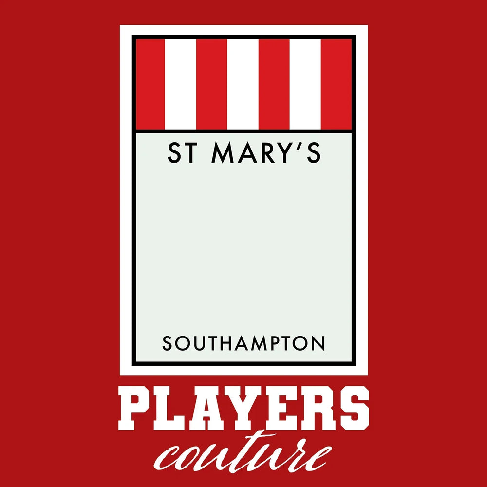 Southampton Monopoly Card hoodie – red men's hoodie with white Southampton Monopoly Card letters and Players Couture logo on