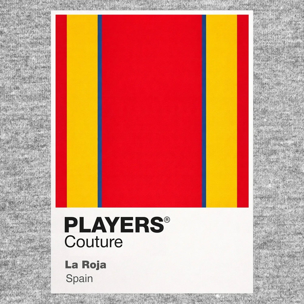 Spain Classic Football Shirt Colours Frame Men's T-Shirt – grey close-up detail shot of the Spain Players Couture logo design
