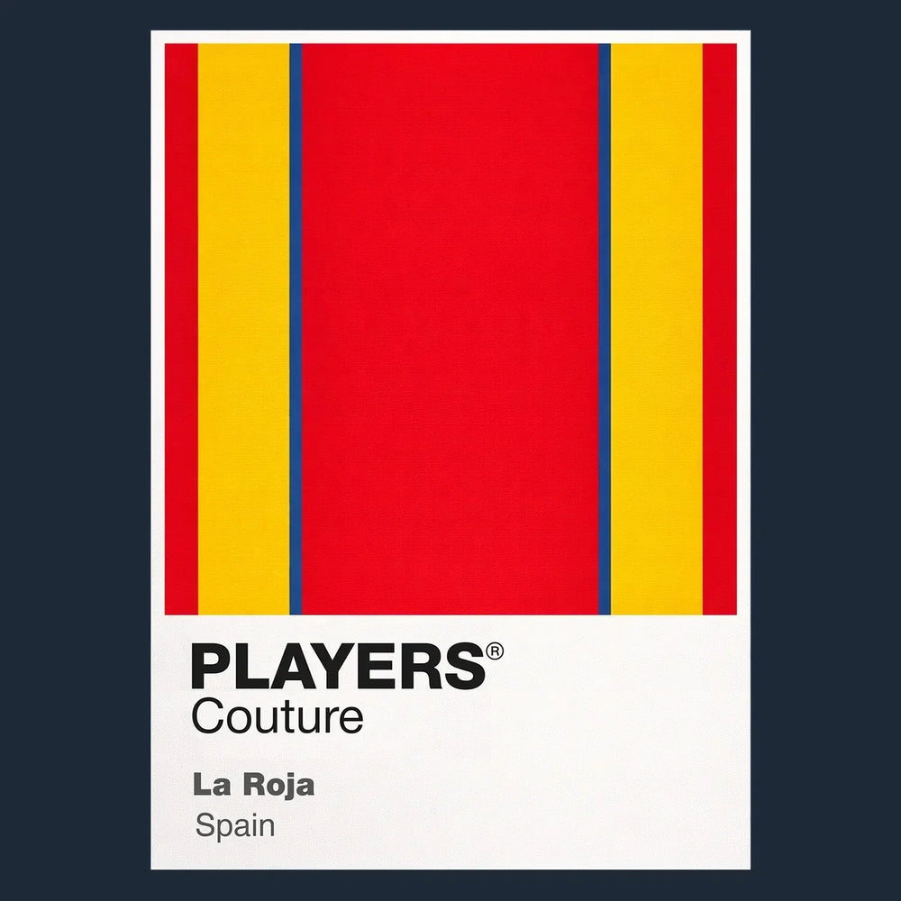 Spain Classic Football Shirt Colours Frame Men's T-Shirt – navy close-up detail shot of the Spain Players Couture logo design
