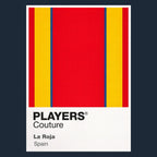 Spain Classic Football Shirt Colours Frame Men's T-Shirt – navy close-up detail shot of the Spain Players Couture logo design