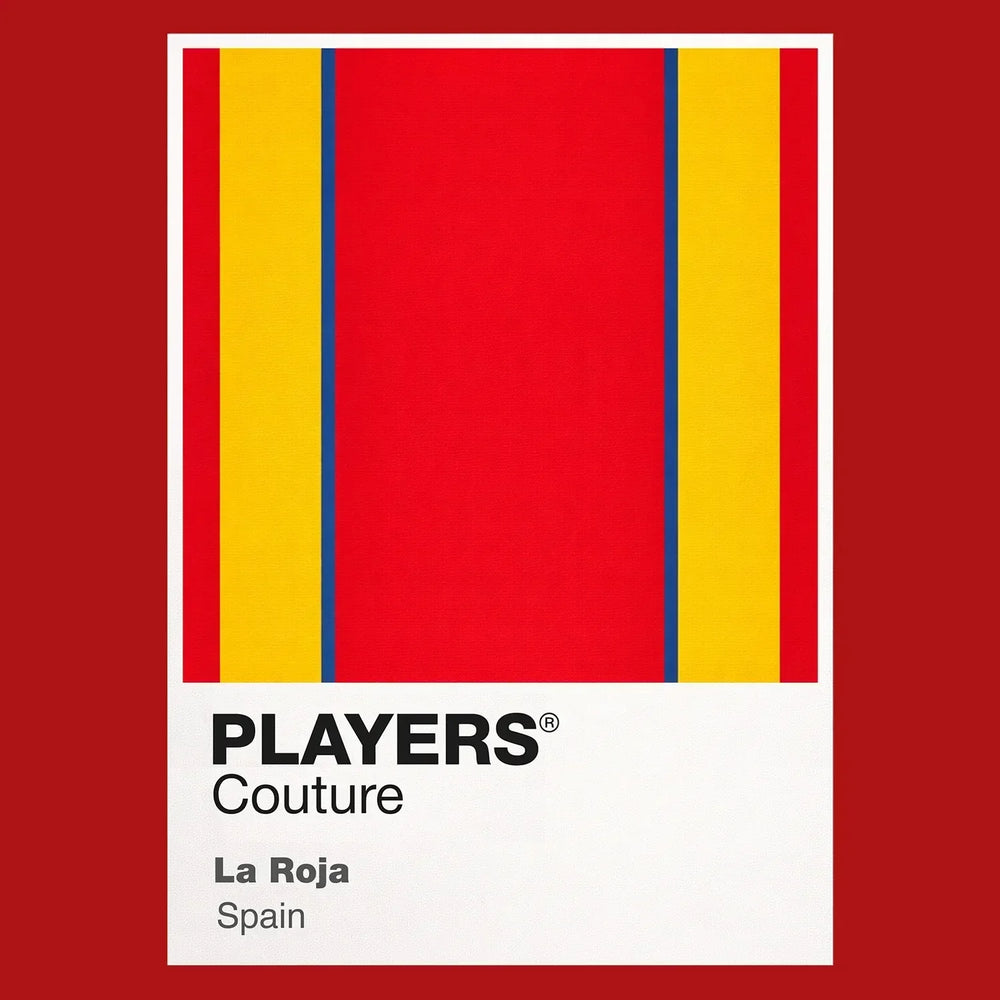 Spain Classic Football Shirt Colours Frame Men's T-Shirt – red close-up detail shot of the Spain Players Couture logo design