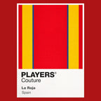 Spain Classic Football Shirt Colours Frame Men's T-Shirt – red close-up detail shot of the Spain Players Couture logo design