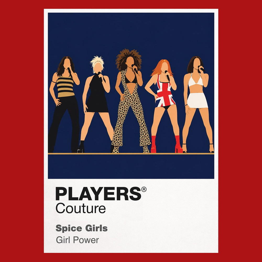 Spice Girls the five Spice Girls' individual styles, platform footwear and Girl Power formation Icon Frame artwork in red