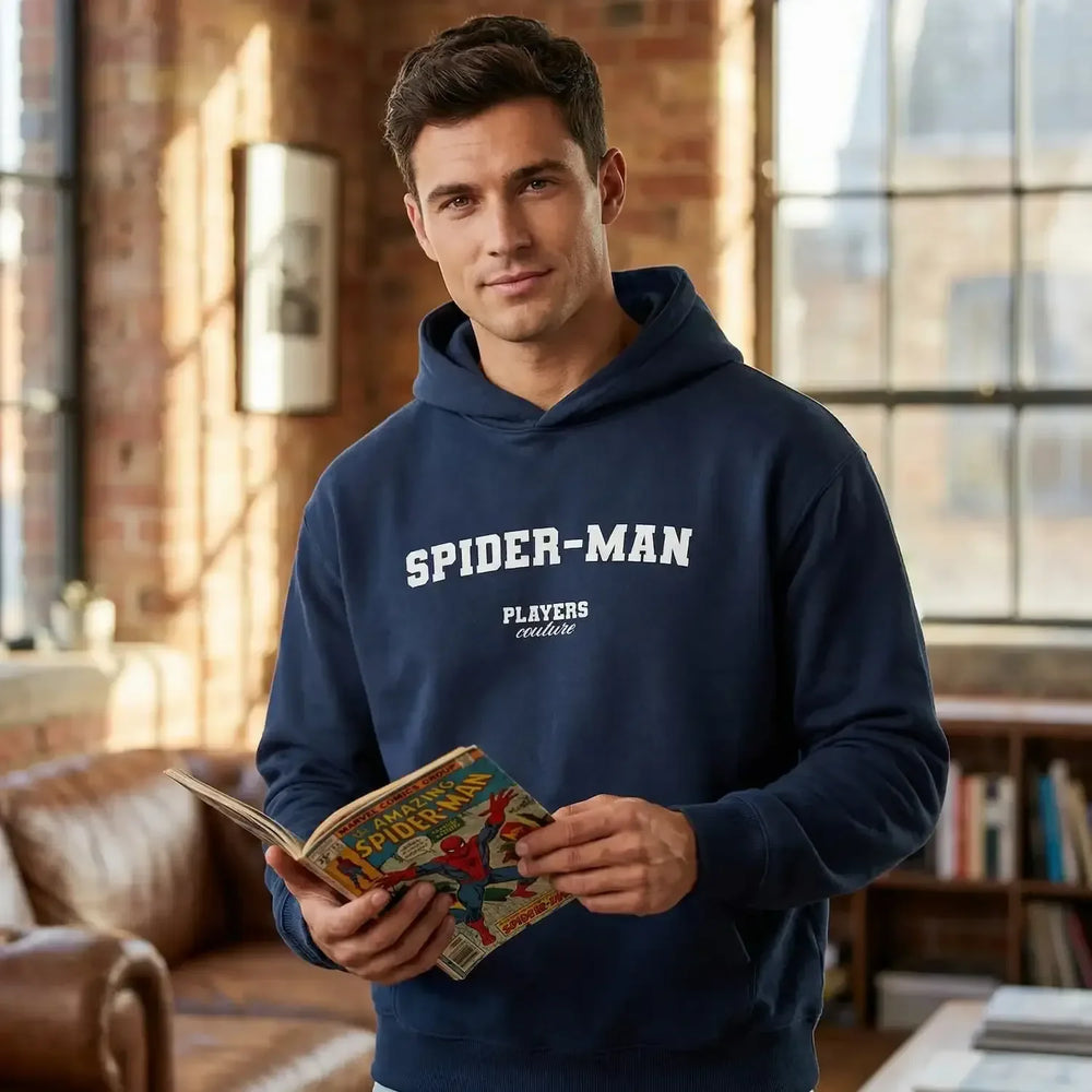 Spider-Man hoodie – navy men's hoodie with white Spider-Man letters and Players Couture logo on the chest