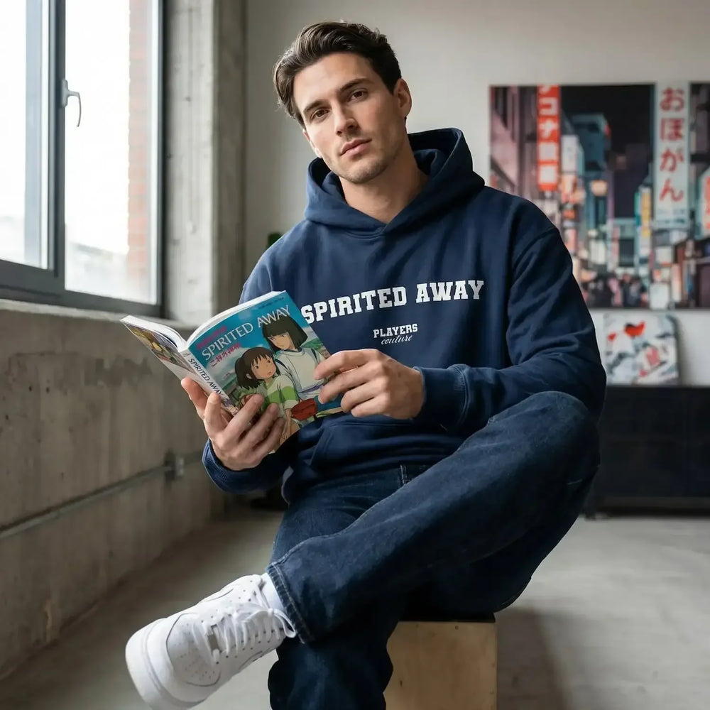 Spirited Away hoodie – navy men's hoodie with white Spirited Away letters and Players Couture logo on the chest