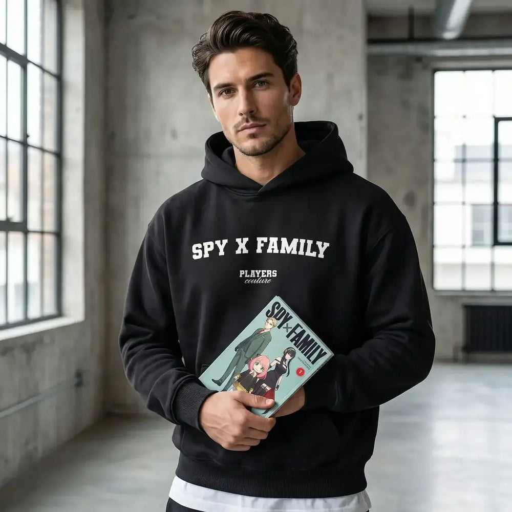 Spy X Family hoodie – navy men's hoodie with white Spy X Family letters and Players Couture logo on the chest