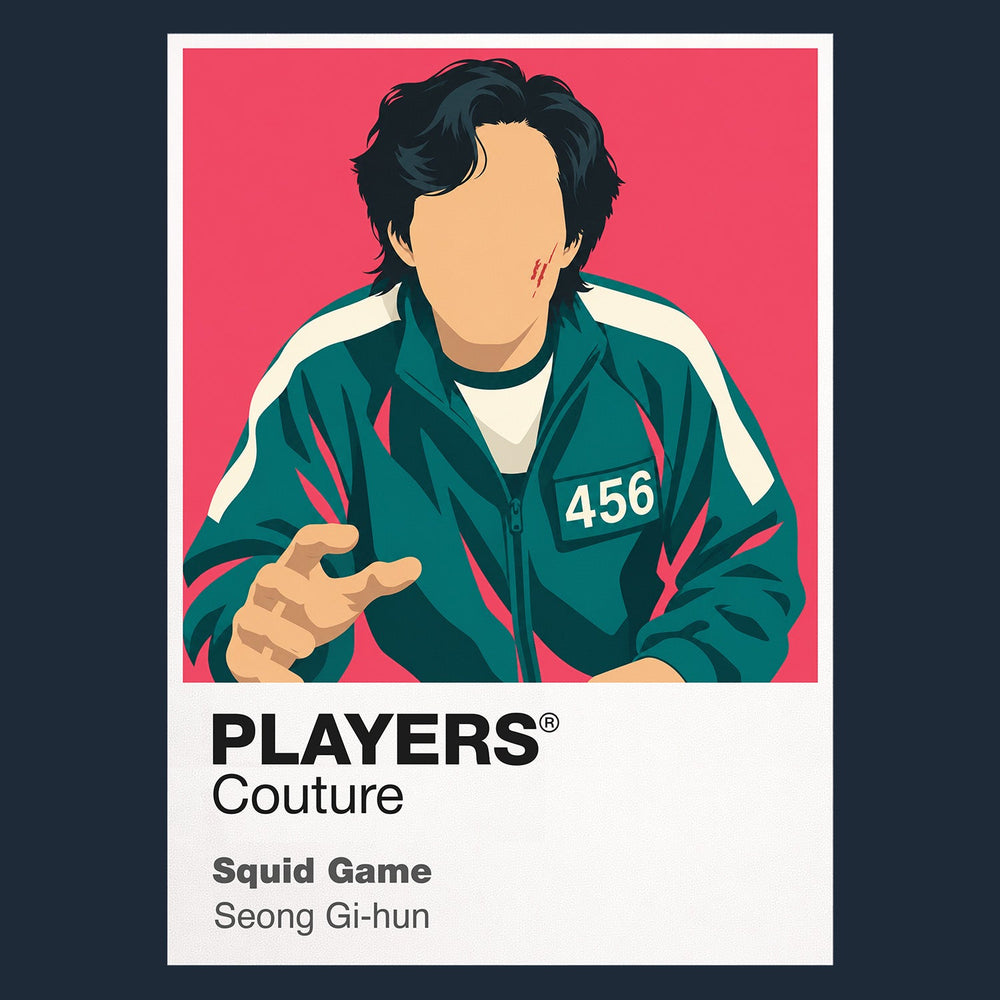 Squid Game Player 456, masked guards and the bright geometry of Squid Game's deadly competition Icon Frame artwork in navy