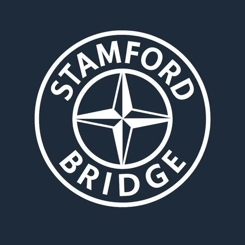 Stamford Bridge Logo Men's Hoodie – navy close-up detail shot of the Stamford Bridge Players Couture logo design