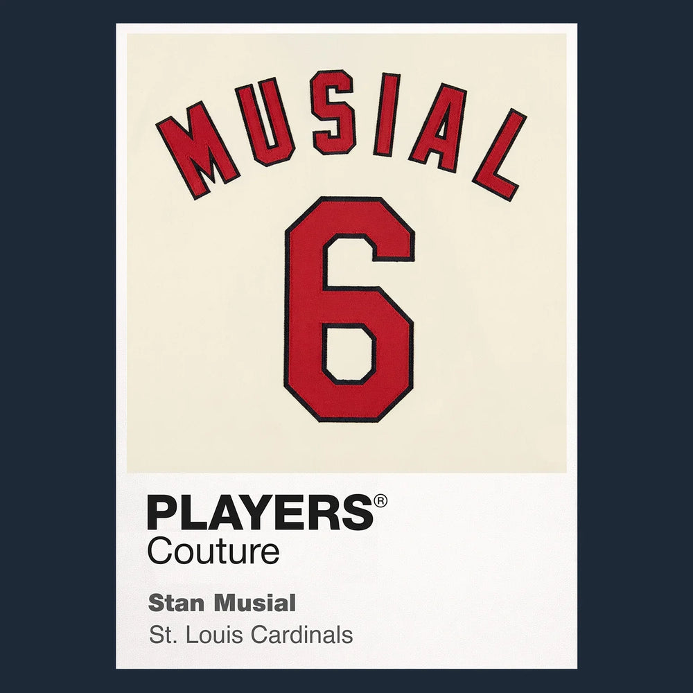 Stan Musial 6 Jersey Frame Men's T-Shirt – navy close-up detail shot of the Stan Musial 6 Players Couture logo design