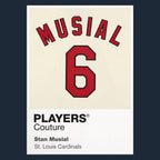Stan Musial 6 Jersey Frame Men's T-Shirt – navy close-up detail shot of the Stan Musial 6 Players Couture logo design
