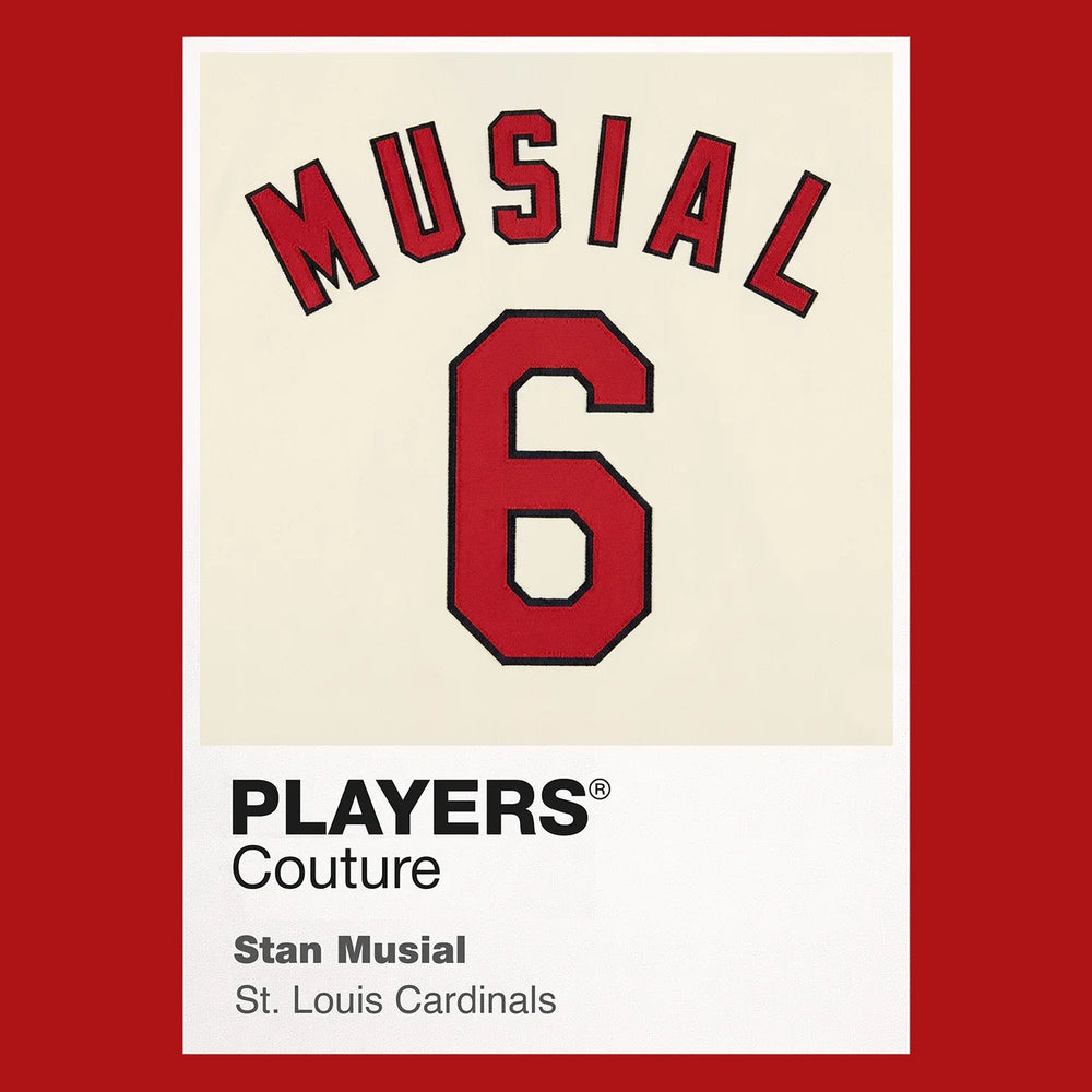 Stan Musial 6 Jersey Frame Men's T-Shirt – red close-up detail shot of the Stan Musial 6 Players Couture logo design