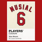 Stan Musial 6 Jersey Frame Men's T-Shirt – red close-up detail shot of the Stan Musial 6 Players Couture logo design