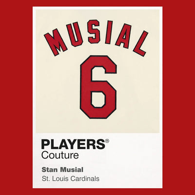 Stan Musial 6 Jersey Frame Men's T-Shirt – red close-up detail shot of the Stan Musial 6 Players Couture logo design