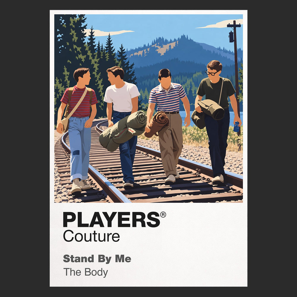 Stand by Me Gordie, Chris, Teddy and Vern walking together along the railway tracks Icon Frame artwork in black