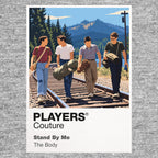 Stand by Me Gordie, Chris, Teddy and Vern walking together along the railway tracks Icon Frame artwork in grey
