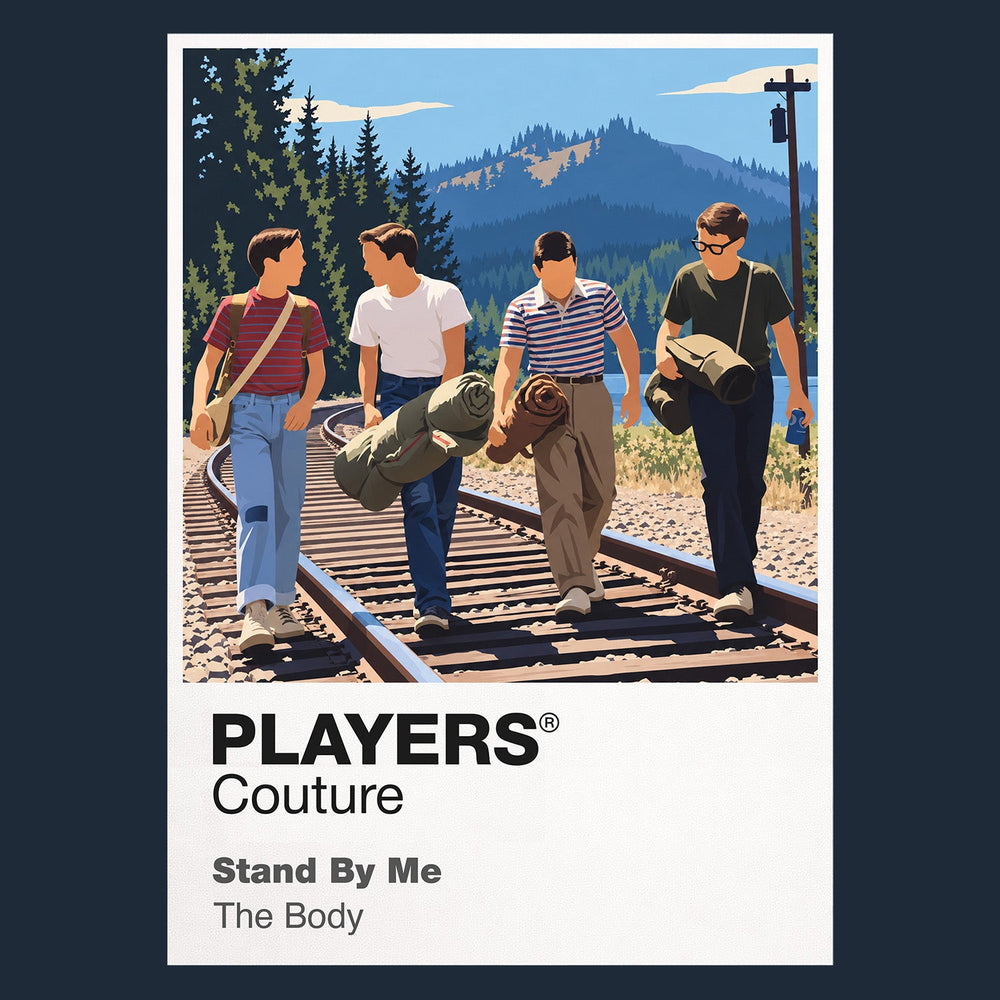 Stand by Me Gordie, Chris, Teddy and Vern walking together along the railway tracks Icon Frame artwork in navy
