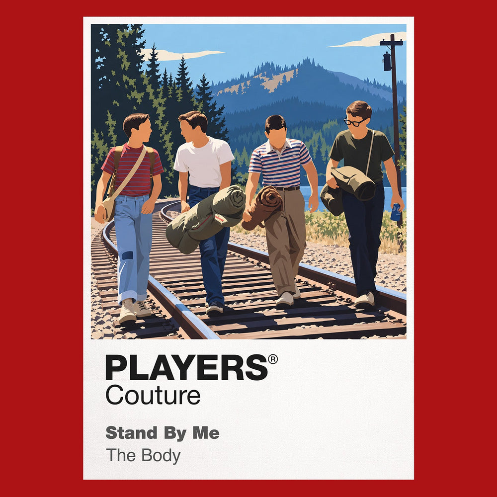 Stand by Me Gordie, Chris, Teddy and Vern walking together along the railway tracks Icon Frame artwork in red