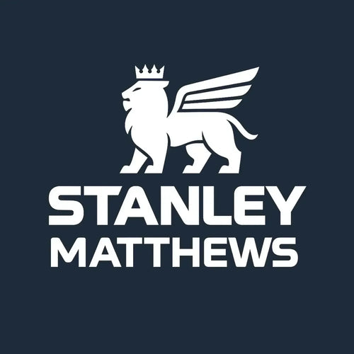 Stanley Matthews Logo Men's T-Shirt – navy close-up detail shot of the Stanley Matthews Players Couture logo design