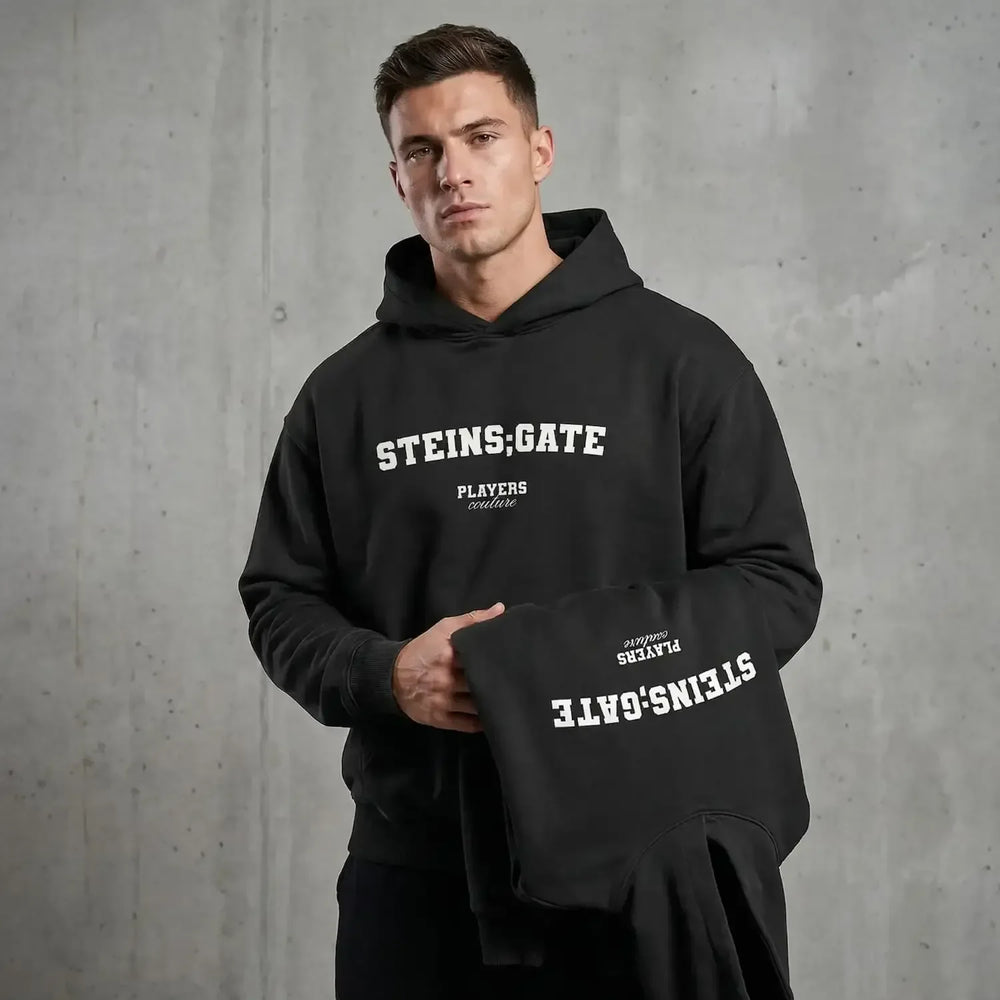 Steins;Gate hoodie – navy men's hoodie with white Steins;Gate letters and Players Couture logo on the chest