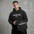 Steins;Gate hoodie – navy men's hoodie with white Steins;Gate letters and Players Couture logo on the chest