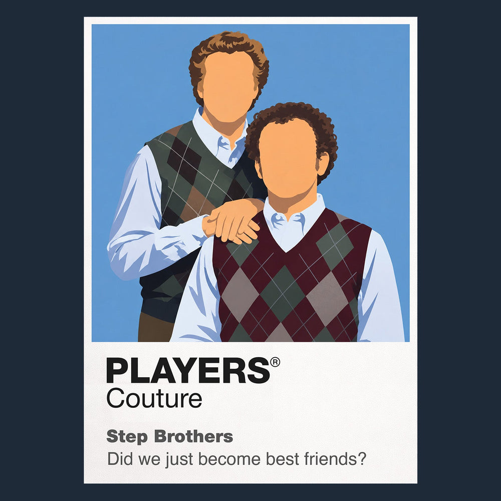 Step Brothers Brennan and Dale posing with the chaotic confidence of their shared bedroom, drum kit and Prestige Worldwide ambitions Icon Frame artwork in navy