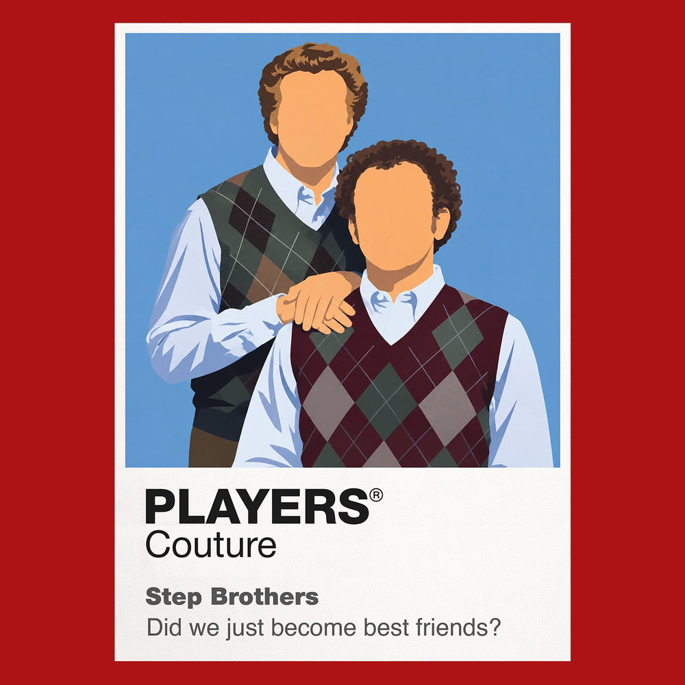 Step Brothers Brennan and Dale posing with the chaotic confidence of their shared bedroom, drum kit and Prestige Worldwide ambitions Icon Frame artwork in red