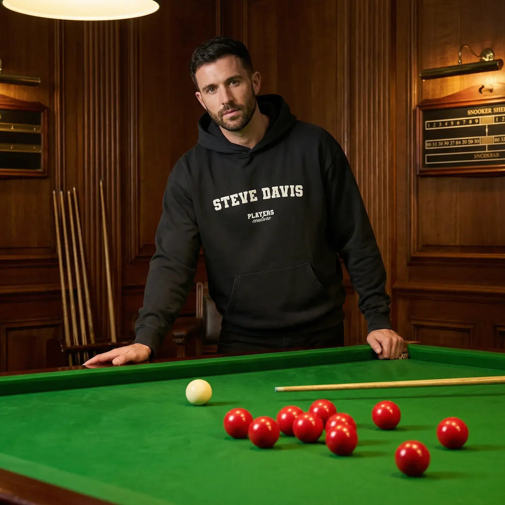 Steve Davis hoodie – navy men's hoodie with white Steve Davis letters and Players Couture logo on the chest