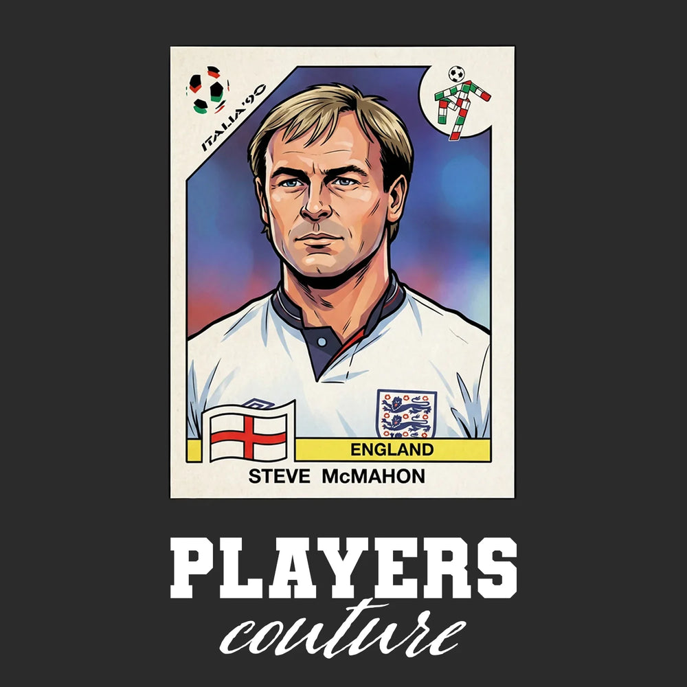 Steve McMahon World Cup Sticker Men's T-Shirt – black close-up detail shot of the Steve McMahon World Cup Players Couture