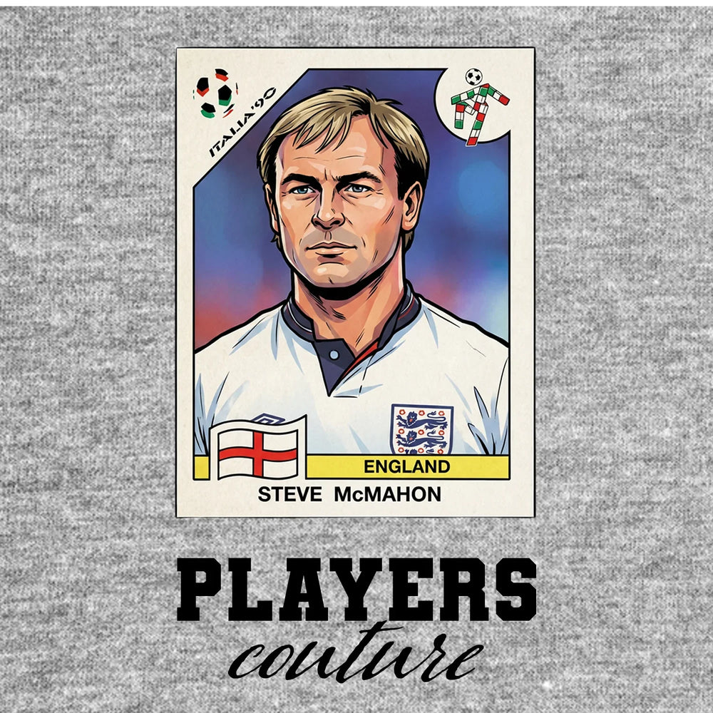 Steve McMahon World Cup Sticker Men's T-Shirt – grey close-up detail shot of the Steve McMahon World Cup Players Couture